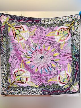 Botanical Pink Floral Silk-Effect Square Scarf 100% silk. 90 x90cm. Brand new